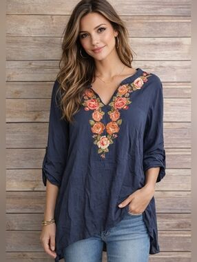 April Sky Medium Navy Blue Embroidered Floral Tunic Top Boho Hi Low 3/4 Sleeve